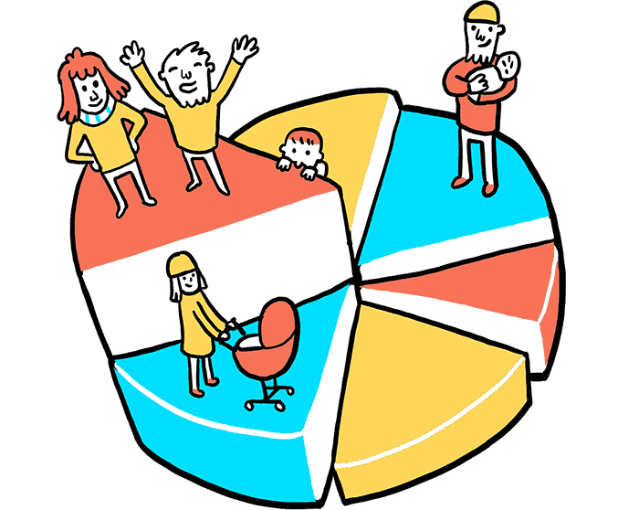 Illustration of people on a pie chart.